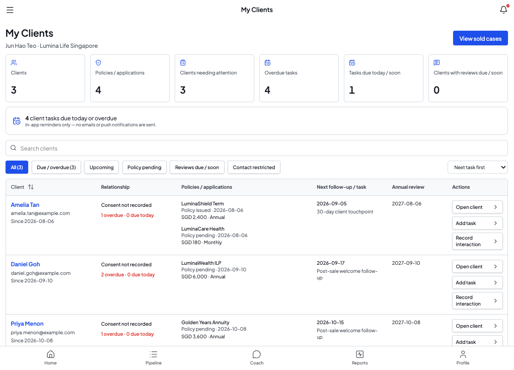 LEAP My Clients CRM showing sample policies, relationship records and follow-up tasks.