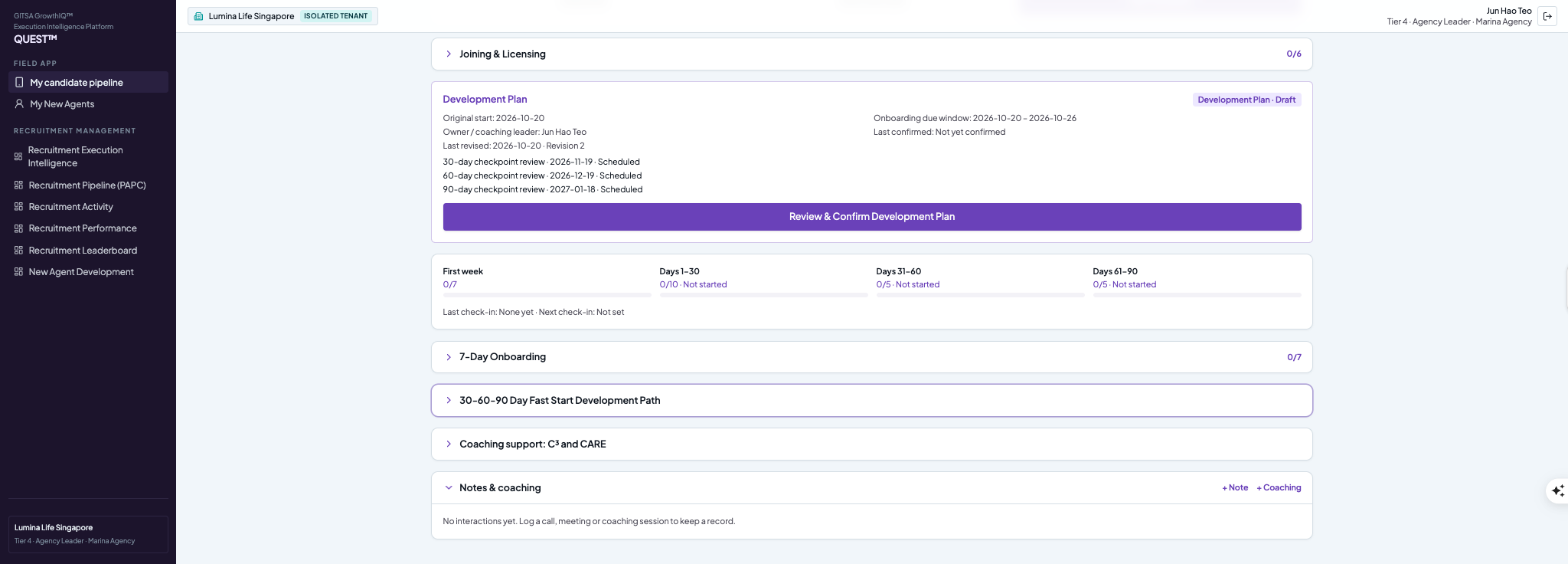 QUEST new-agent Development Plan showing joining and licensing, progress, 7-day onboarding, 30–60–90 day development, coaching support, notes and coaching.
